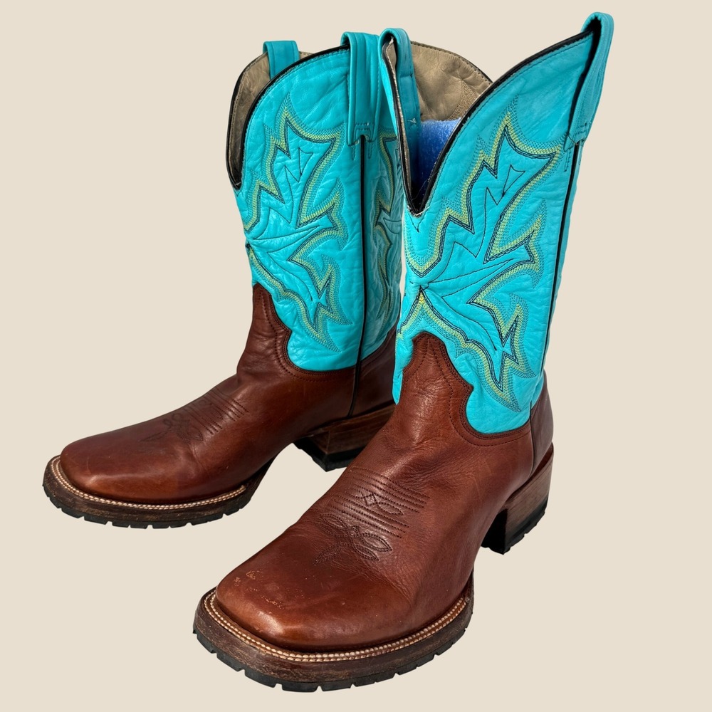 Stetson Cowboy Boots Men 9.5D Brown Turquoise Leather Square Toe Western Rodeo